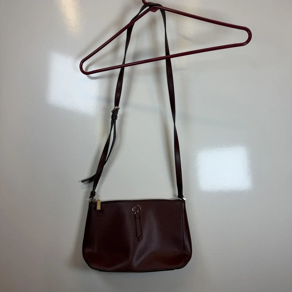 Kate Spade Crossbody Bag Womens Small Burgundy Leather Zip Purse Gold Hardware